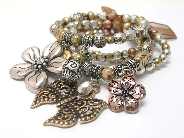 Flower charm multi row burnish textured metal beads stretch bracelet