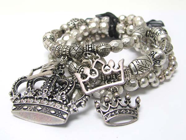 Crown charm multi row burnish textured metal beads stretch bracelet