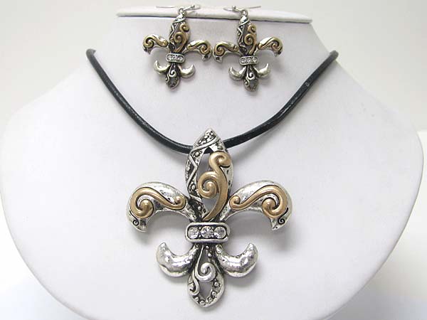 Crystal stud fleur de lis pendant necklace earring set