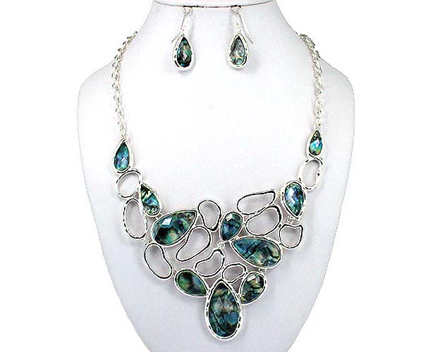 Multi abalone deco and liquid metal shape link necklace earring set