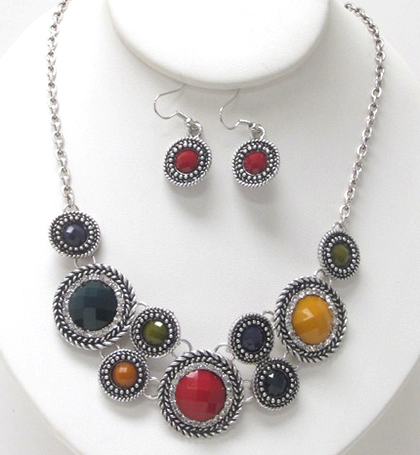 Crystal and facet glass deco multi disk link necklace earring set