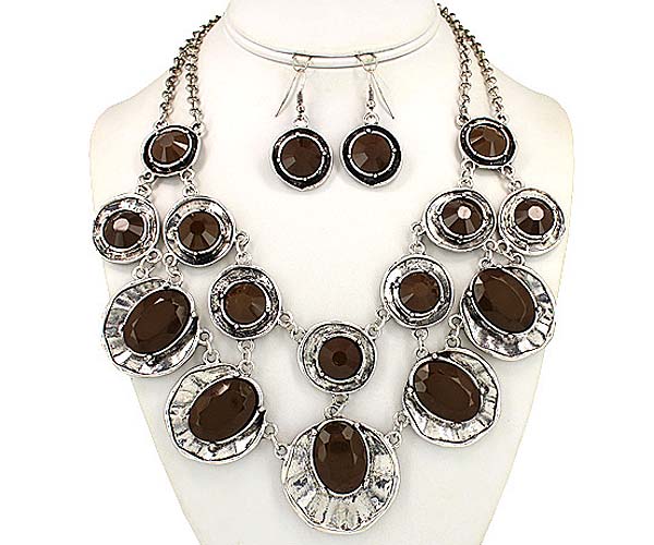 Multi acrylic stone and textured metal disk link necklace earring set