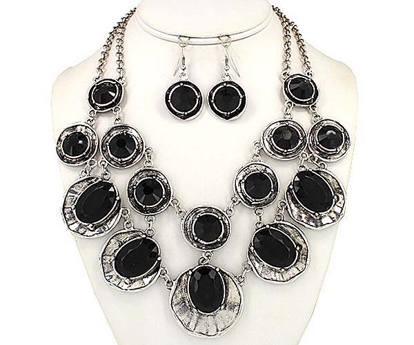 Multi acrylic stone and textured metal disk link necklace earring set