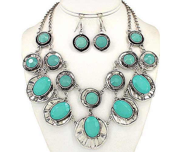 Multi acrylic stone and textured metal disk link necklace earring set