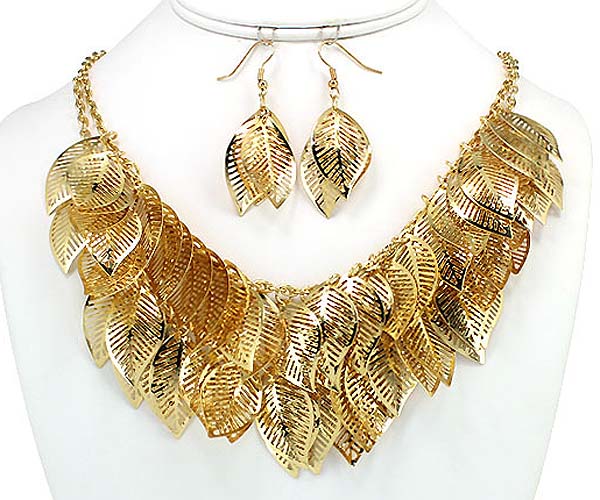 Multi metal casting leaves drop necklace earring set