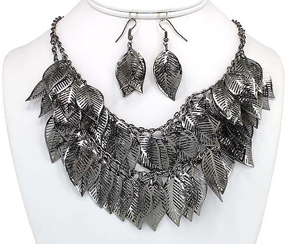 Multi metal casting leaves drop necklace earring set