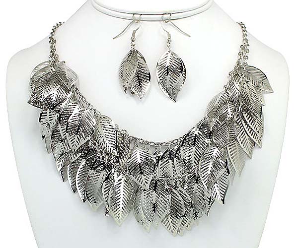 Multi metal casting leaves drop necklace earring set