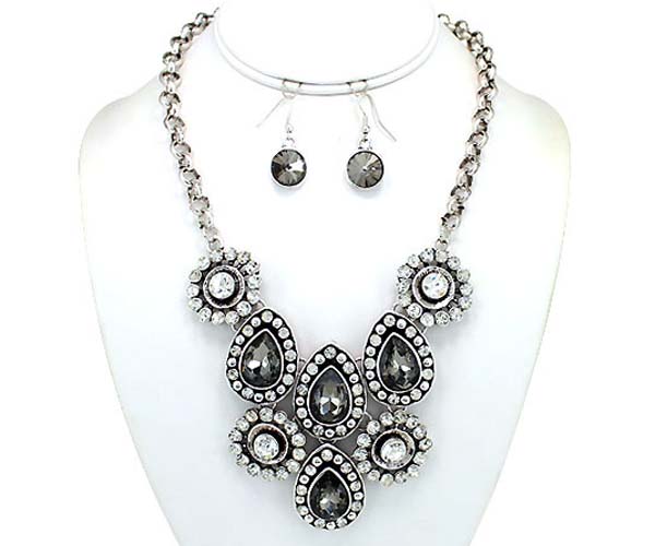 Crystal and facet glass deco multi teardrop link necklace earring set