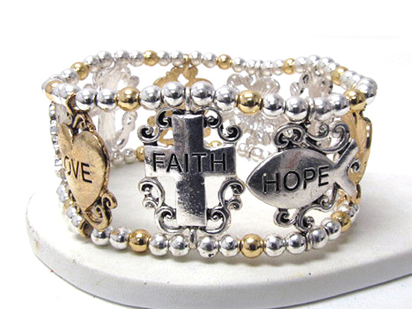 Metal love hop faith heart fish cross with multi seed bead stretch bracelet