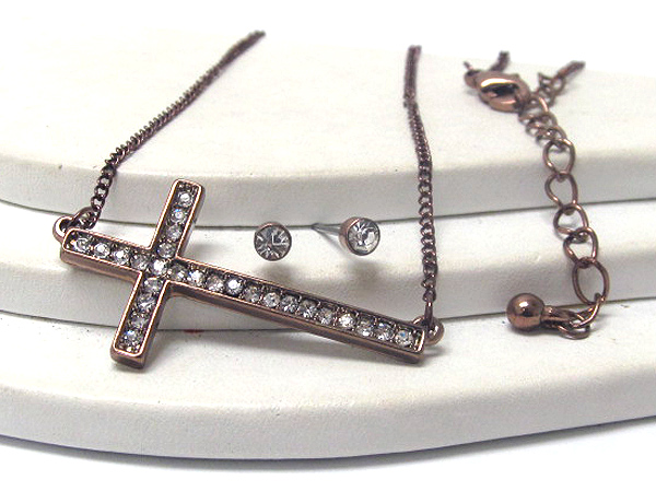 Crystal stud cross pendant necklace earring set