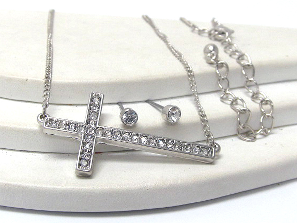 Crystal stud cross pendant necklace earring set