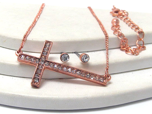 Crystal stud cross pendant necklace earring set