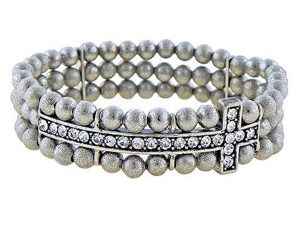 Crystal stud cross and three line sand paper metal ball stretch bracelet