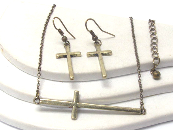 Thin metal cross necklace earring set