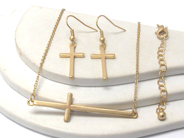 Thin metal cross necklace earring set