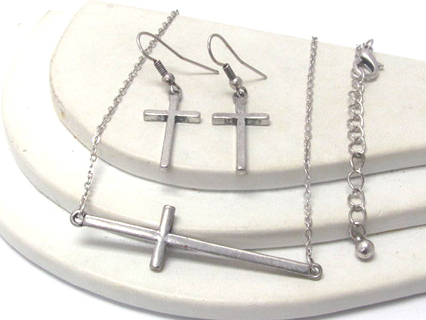 Thin metal cross necklace earring set