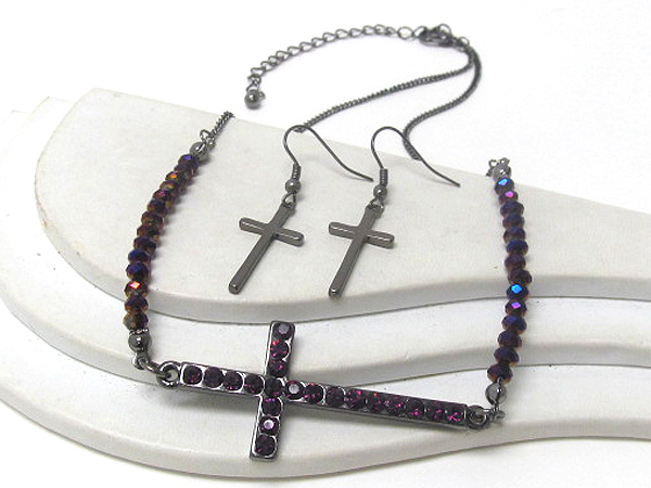 Crystal stud cross and glass bead chain necklace earring set