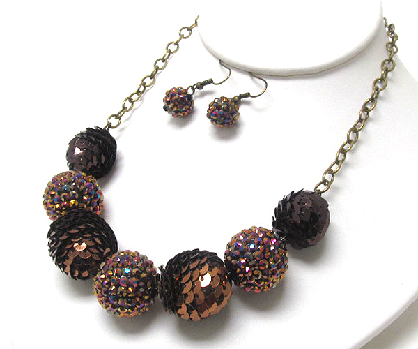 Multi fireball and sequine ball link necklace earring set