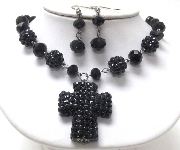 Crystal cross and multi fireball link necklace earring set