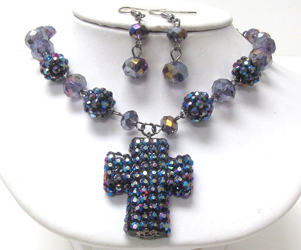 Crystal cross and multi fireball link necklace earring set