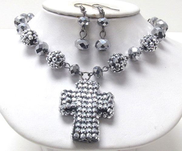 Crystal cross and multi fireball link necklace earring set