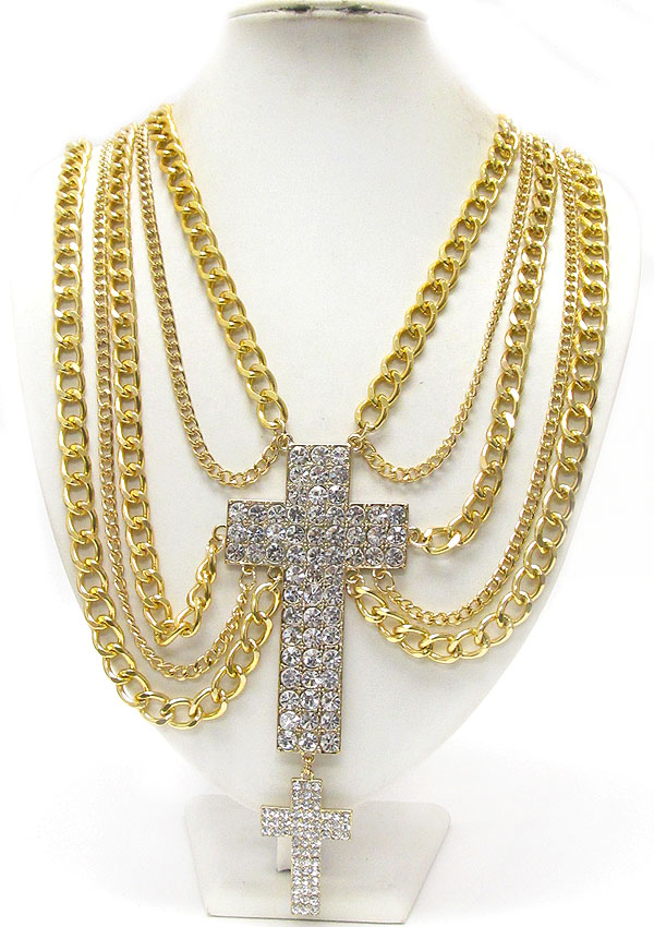 Crystal large cross and multi chain link necklace