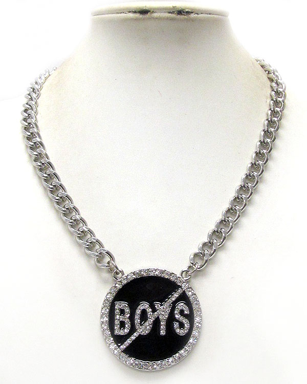 No boys crystal stud jet epoxy medal necklace