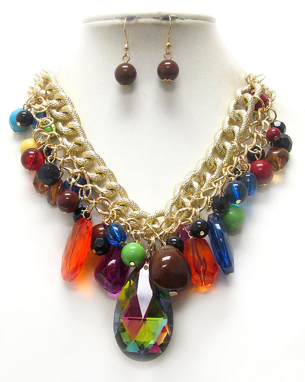 Facet glass teardrop and multi acrylic stone mix drop on chain necklace earring set