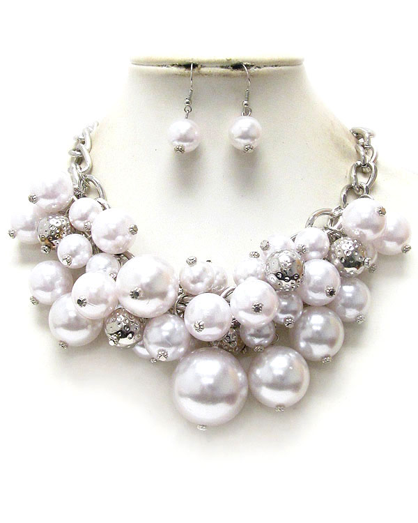 Multi pearl and metal ball mix drop necklace earring set