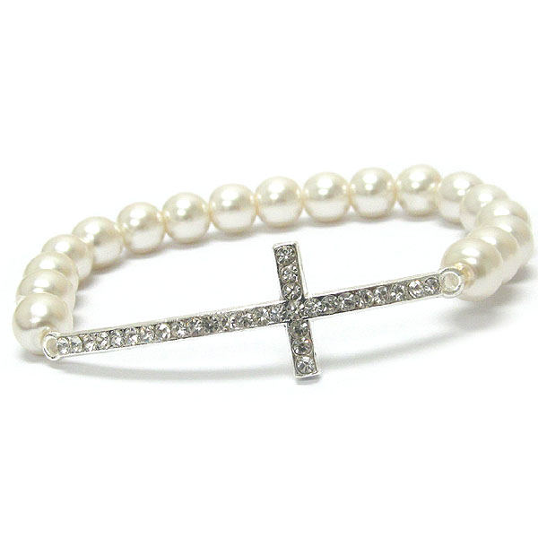 Crystal cross and pearl stretch bracelet