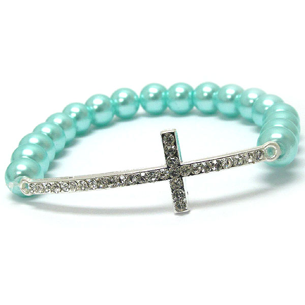 Crystal cross and pearl stretch bracelet