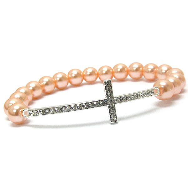 Crystal cross and pearl stretch bracelet