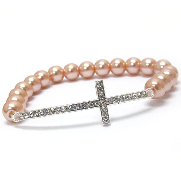 Crystal cross and pearl stretch bracelet