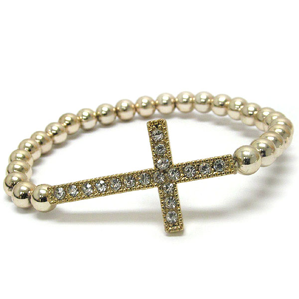 Crystal cross and metal ball bead stretch bracelet