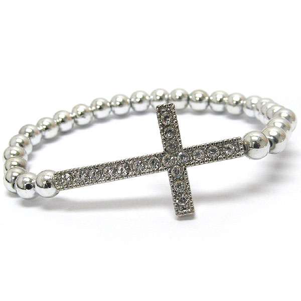 Crystal cross and metal ball bead stretch bracelet