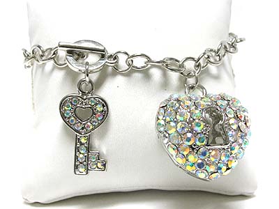 Crystal puff heart lock and key charm bracelet