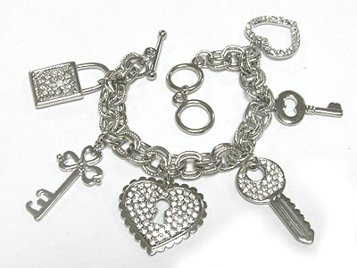 Crystal heart key lock charm toggle bracelet