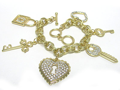 Crystal heart key lock charm toggle bracelet