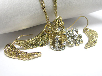 Crystal crown fleur de lis wing charm drop necklace earring set