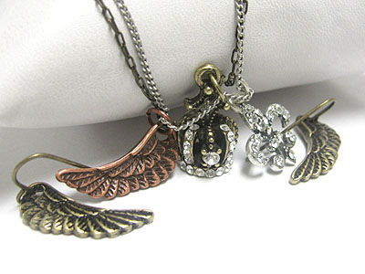 Crystal crown fleur de lis wing charm drop necklace earring set