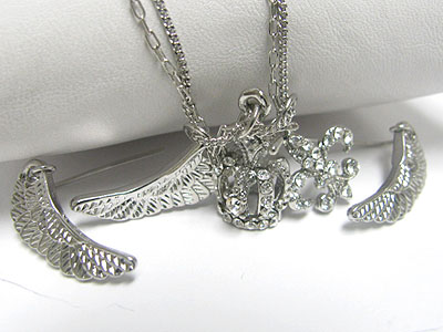 Crystal crown fleur de lis wing charm drop necklace earring set