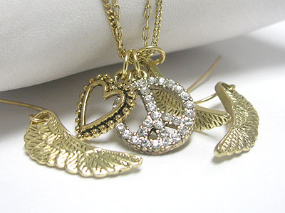 Crystal peace heart wing charm drop necklace earring set