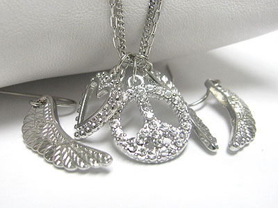 Crystal peace heart wing charm drop necklace earring set