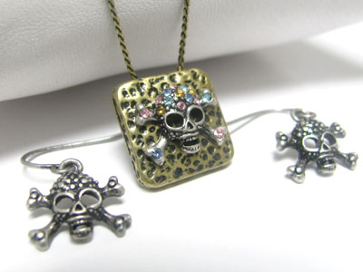 Crystal bubble squre skull pendant necklace earring set