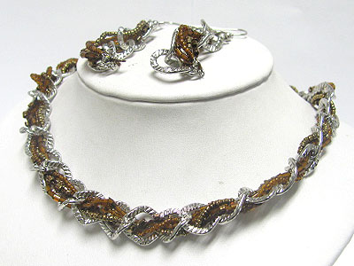 Multi braided seed beads and metal chain necklace earring set