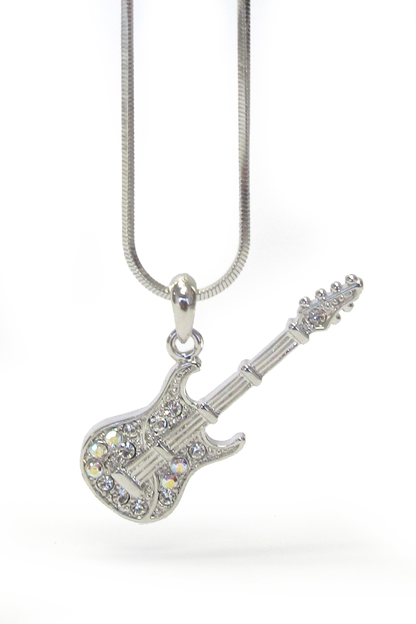 MADE IN KOREA WHITEGOLD PLATING CRYSTAL MUSIC THEME GUITAR PENDANT NECKLACE