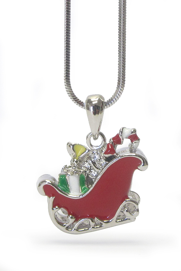 Made in korea whitegold plating crystal and epoxy christmas santa sleigh pendant necklace