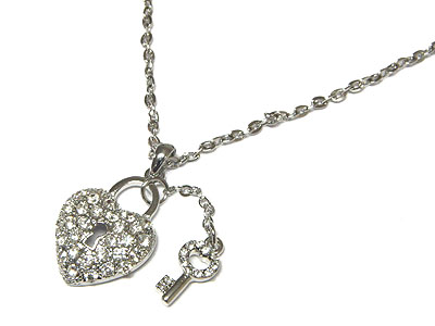 Crystal heart lock and key necklace