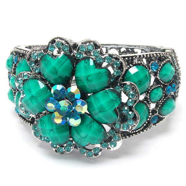 Multi crystal and resin flower deco open bangle vintage bracelet