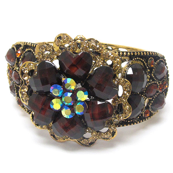 Multi crystal and resin flower deco open bangle vintage bracelet